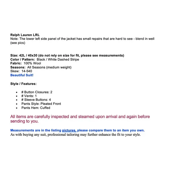 Ralph Lauren LRL Mens 42L 40x30 Black Stripe 2 Piece Suit Note - Picture 2 of 16
